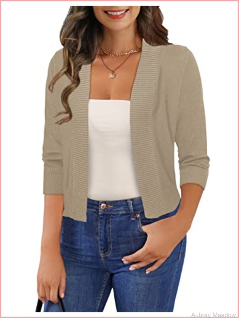 Women's Cropped Cardigan Shrug 3/4 Sleeve Open Front Ribbed Knit Lightweight